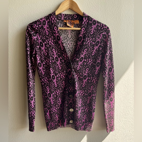 Tory Burch pink and brown printed cardigan - 100% merino wool - Picture 1 of 6